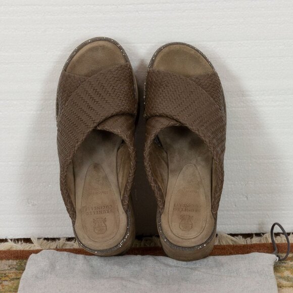 $1550 BRUNELLO CUCINELLI WOVEN LEATHER BROWN PLATFORM SANDALS WITH MONILI 37 - Picture 9 of 10
